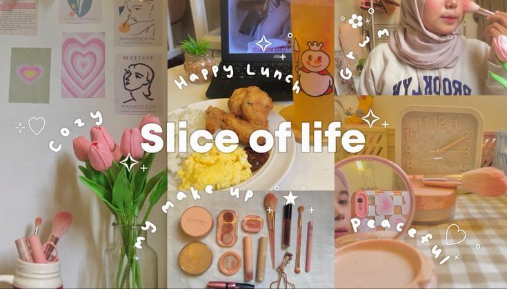 a collage of photos with the words slice of life written in white and pink