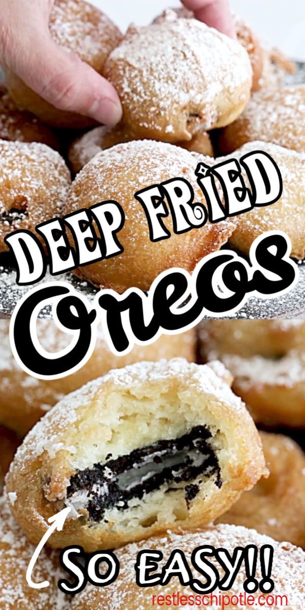 a pile of doughnuts with the words deep fried oreos on top and below