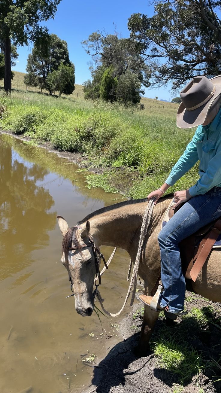 a man riding on the back of a brown horse next to a body of water