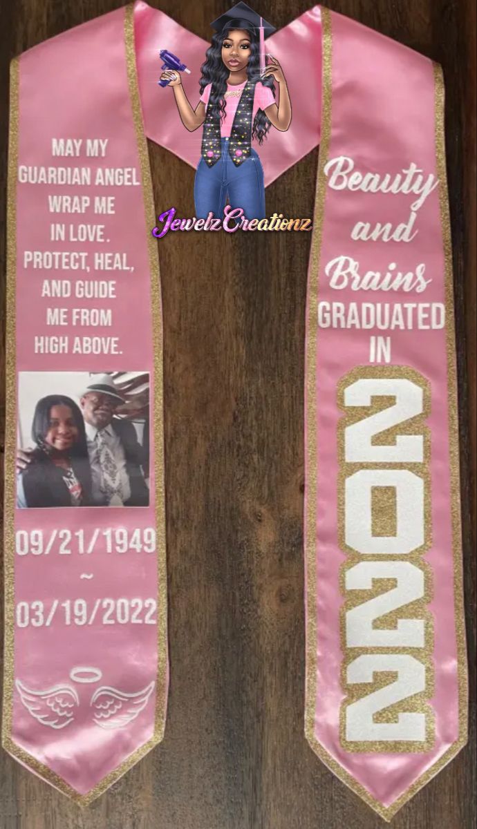 a pink and gold graduation sash with an image of a woman