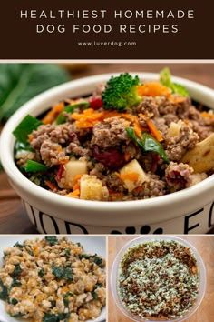 a collage of healthy dog food recipes including meat, vegetables, and stuffings