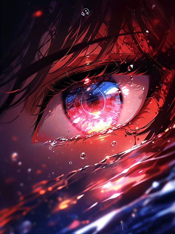 an anime character's eye with red and blue colors