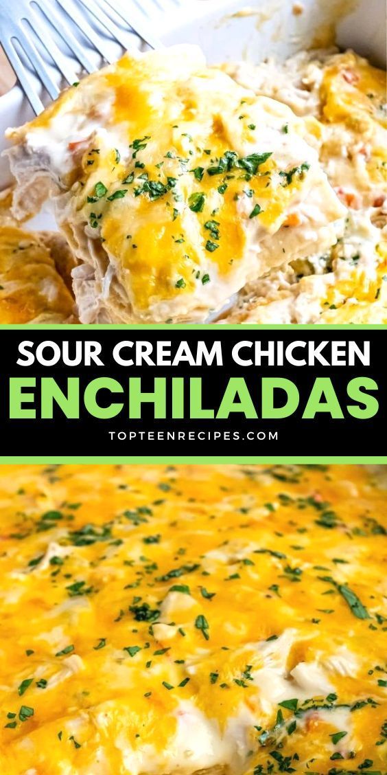 chicken enchiladas in a white casserole dish with melted cheese and parsley