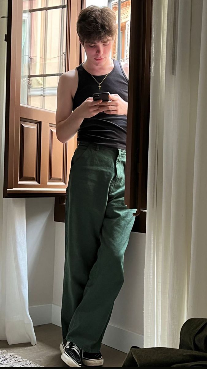 Vintage Masculine Outfits, Male Prom Outfits Aesthetic, Green Prom Outfit Men, 90s Aesthetic Outfit Men, Aesthetic Masculine Outfits, Gay Guy Outfits, Tank Top Outfits Men, Converse Shoes Black, Black Tank Tops Outfit