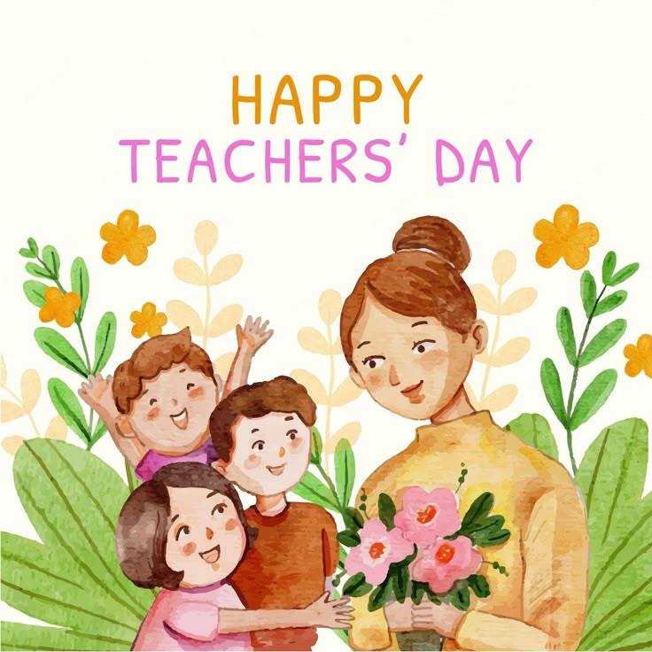 a watercolor painting of a woman and two children holding flowers with the words happy teachers day