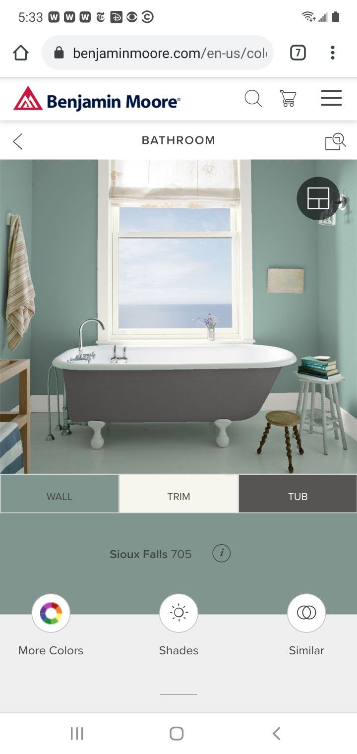 an image of a bathroom with blue walls and white tub in the center, on top of