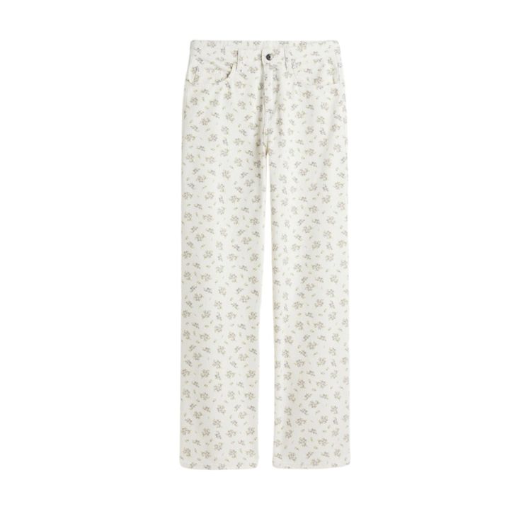 The Cutest Pair Of Jeans For Warmer Weather! Brand New With Tags - Size 6 White With Purple Flowers White Floral Print Relaxed Fit Bottoms, White Floral Print Bottoms With Relaxed Fit, White Floral Print Jeans For Spring, H&m Jeans For Spring Workwear, White Cotton Jeans With Floral Print, Casual White Jeans With Floral Print, White Floral Print Cotton Jeans, H&m White Casual Pants, H&m Casual White Pants