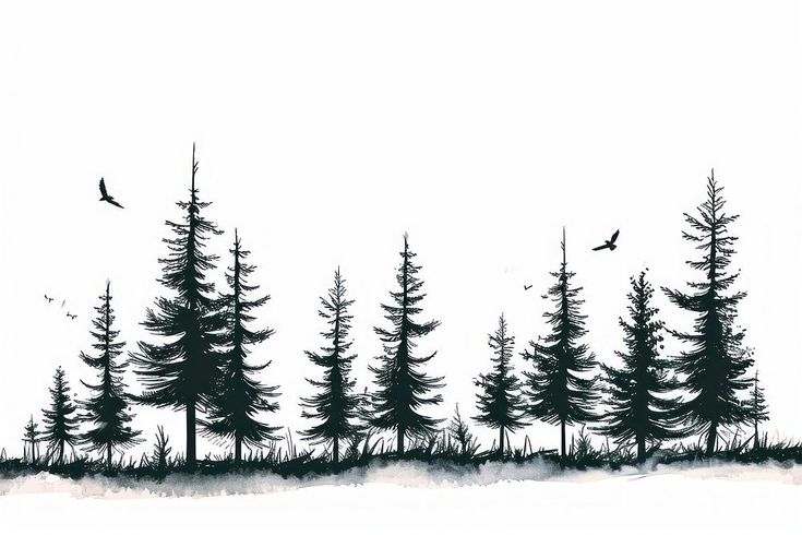 some trees and birds flying in the sky above them on a white background with black ink