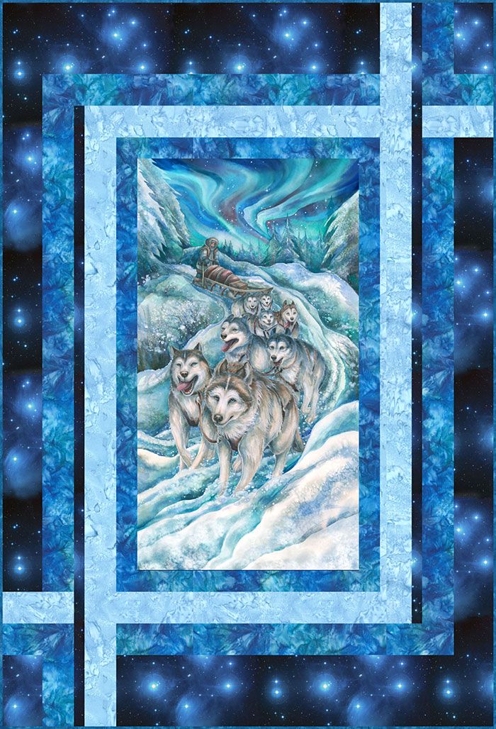 a painting of three wolfs in the snow with blue and white squares around them