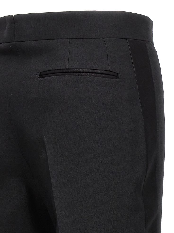 83% wool, 17% silk Classic Silk Straight Leg Bottoms, Classic Silk Straight Dress Pants, Classic Silk Dress Pants With Straight Leg, Tailored Silk Straight Leg Bottoms, Tailored Straight Leg Silk Bottoms, Classic Silk Straight Leg Dress Pants, Silk Straight Leg Bottoms, Silk Trousers For Formal Occasions, Silk Trousers With Pressed Crease