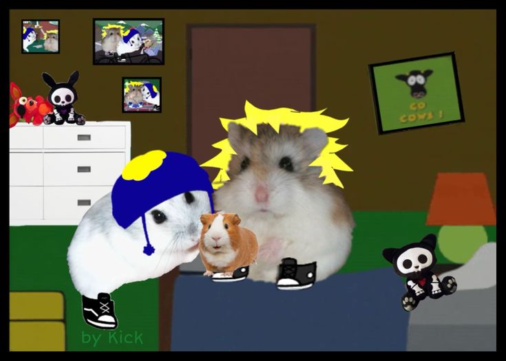 two hamsters are sitting in a room with pictures on the wall and one is holding a stuffed animal