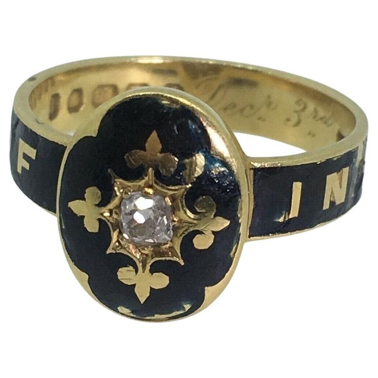 Although Mourning Jewelry has a long & fascinating history, going back to as far as Middle Ages, its popularity reached its peak during the reign of Queen Victoria (1837 - 1901). ~ This extraordinary piece is a Mourning (Memorial) Ring, dating back to Victorian period - circa 1884 yet it's in beautiful condition Of English provenance, it's meticulously crafted in 18K Yellow Gold, decorated in black enamel & adorned with a 0.20ct old-European cut diamond, of cushion shape & good colour & clarity set within the starburst gold frame, surrounded by the most intricate fleur-de-lis pattern, signifying perfection, light and life... ~ The piece is bearing hallmarks: Maker’s mark - T.E. Crown (for gold) 18 (fineness) Leopard’s head (London Assay Office) Letter date - t (c1884) Bearing letters: In M Sunburst Ring, Quiet Beauty, Victorian Engagement Rings, Memorial Ring, Old Rings, Victorian Rings, Custom Ring Designs, Victorian Jewelry, Antique Rings