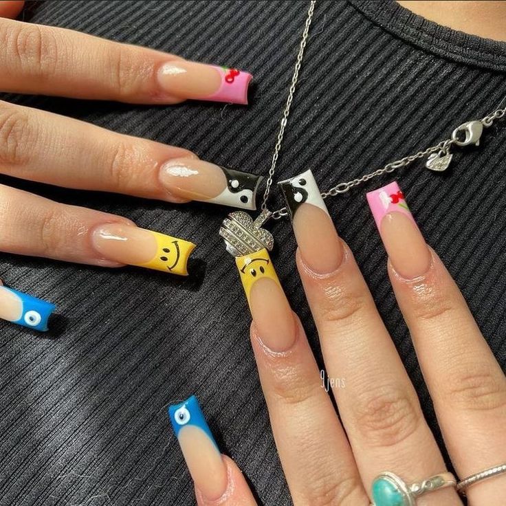 Multi Color Nail Ideas, Multi Color French Tip, Color Blocking Nails, Savings Book, Spring Acrylic Nails, Hippie Nails, Nails 2022, Edgy Nails, Fully Booked