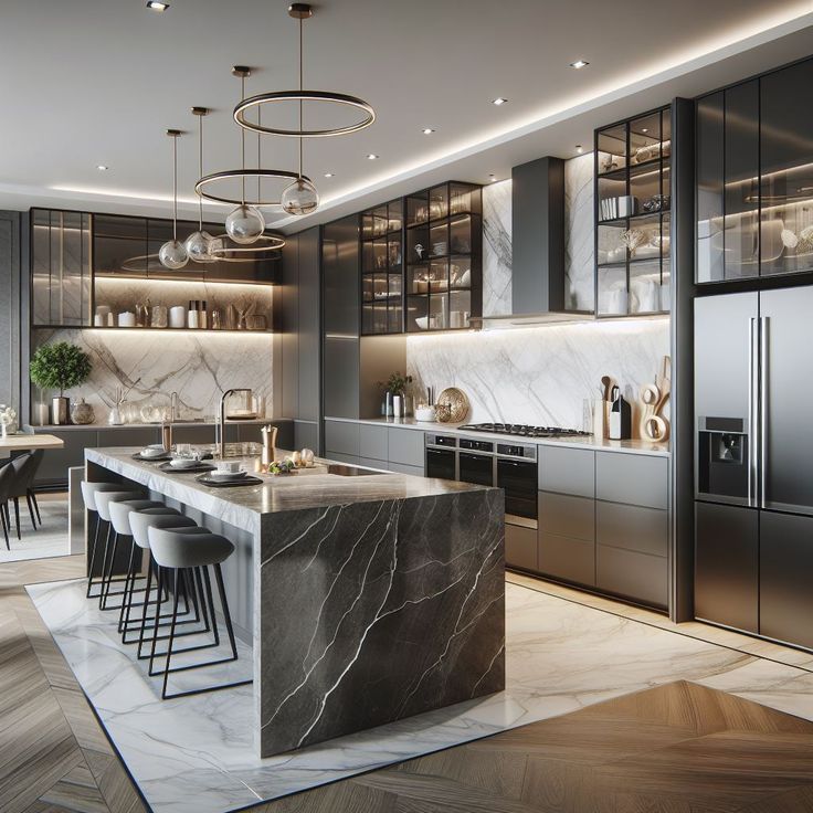 a modern kitchen with marble counter tops and stainless steel appliances, along with bar stools