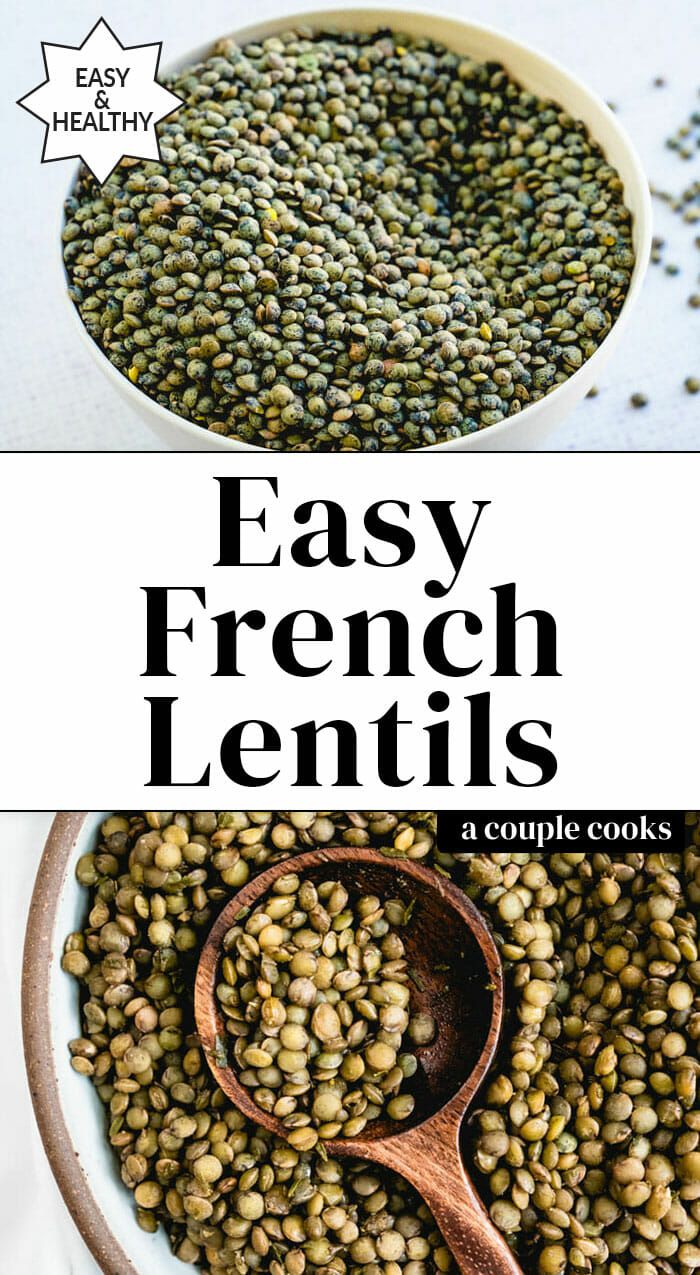 a bowl filled with lentils next to a wooden spoon and the words easy french lentils