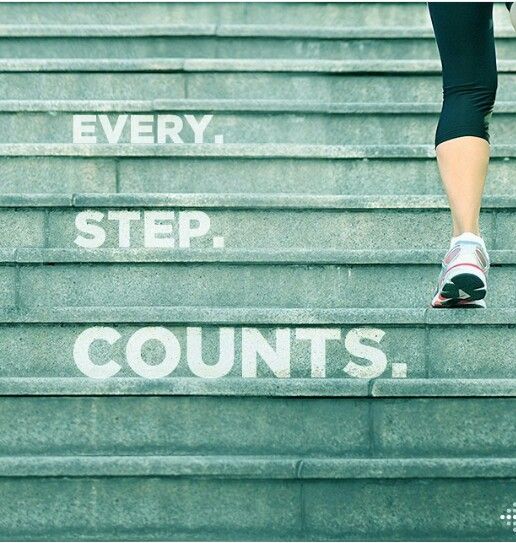 a person running up some steps with words on them that read every step, counts