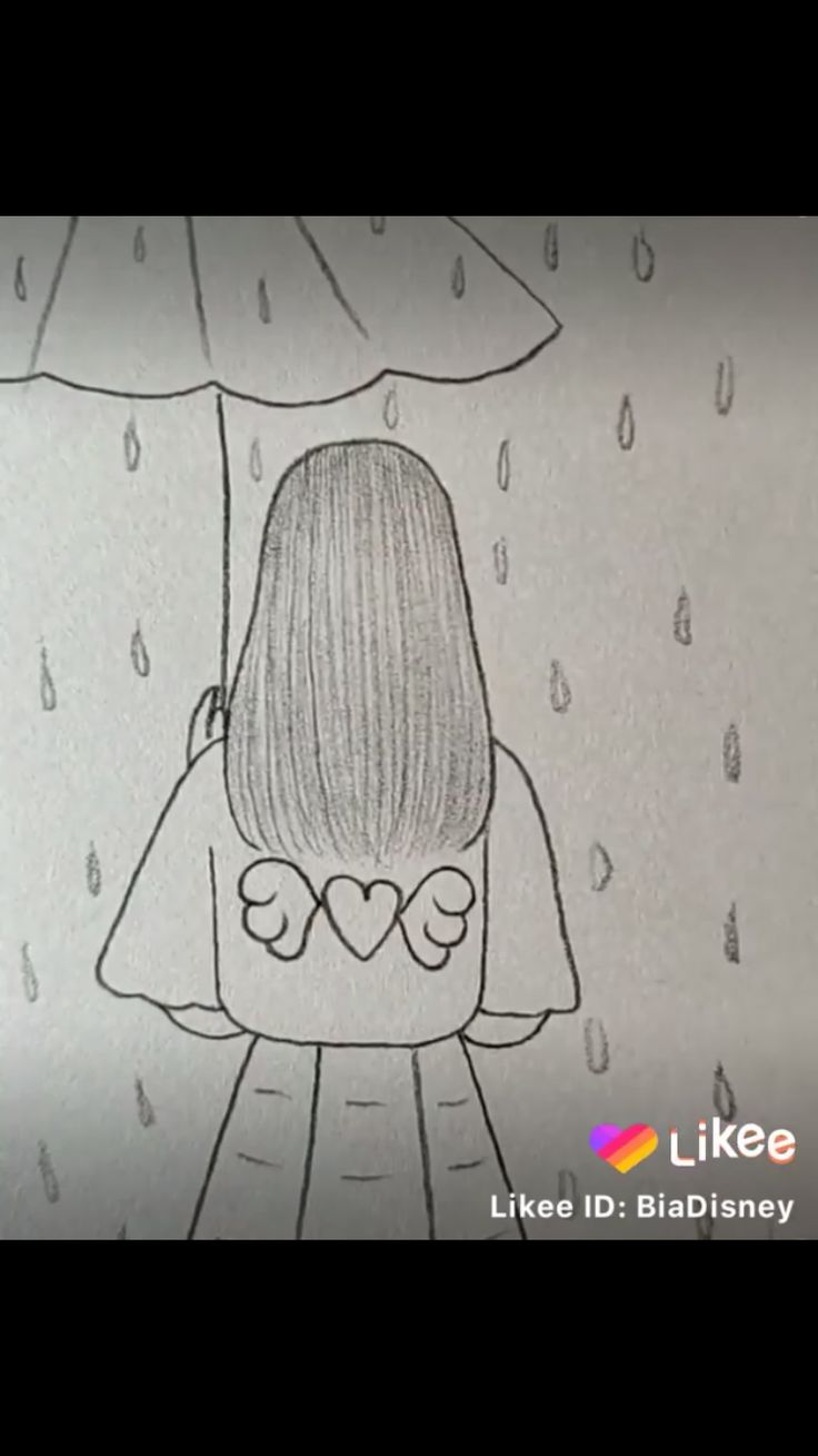 a drawing of a girl holding an umbrella in the rain with hearts drawn on it