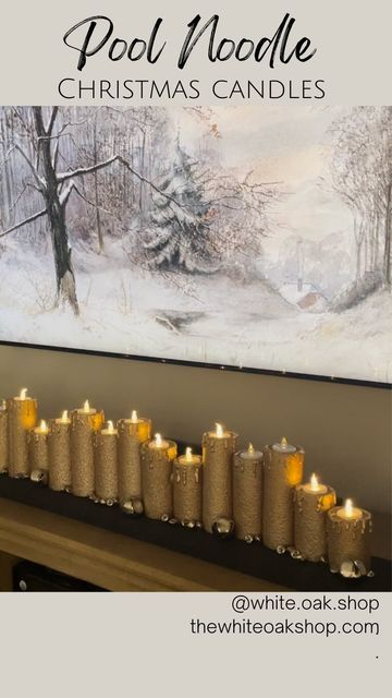 candles are lined up in front of a painting on the wall with words pool noodle christmas candles