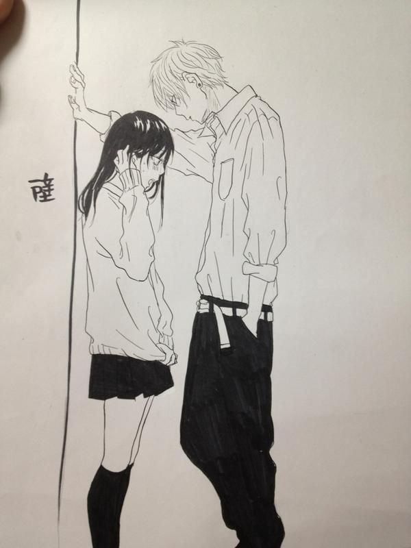 a drawing of two people standing next to each other, one holding a pole and the other looking down