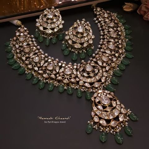 Nawaabi Chaandi Moissanite Polki Set Moissanite Jewellery, Polki Necklace Set, Polki Sets, Indian Wedding Jewelry Sets, Bride Jewelry Set, Jewellery Bridal, Fancy Jewellery Designs, Colour Stone, Polki Necklace