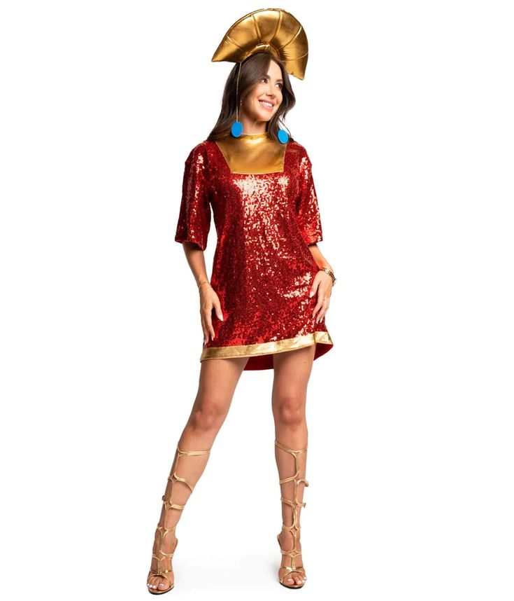 a woman in a red and gold costume