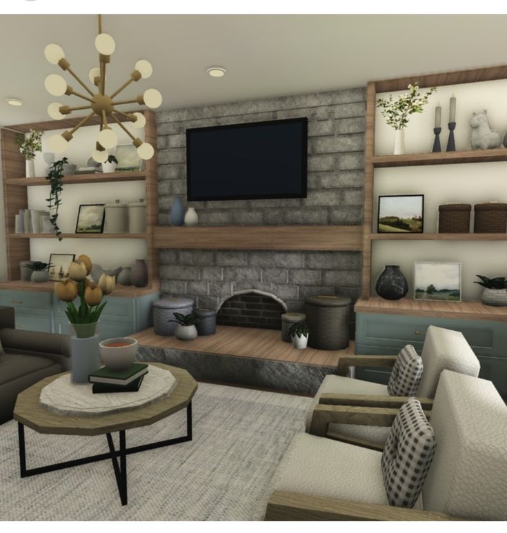 a living room filled with lots of furniture and a flat screen tv mounted above the fireplace