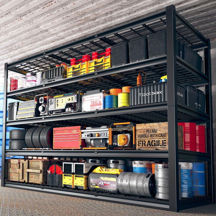 a shelf filled with lots of different types of tools and other items on top of it