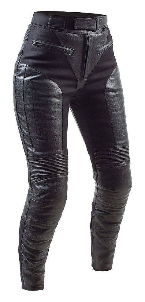 a pair of black leather pants with zippers on the bottom and one leg in front