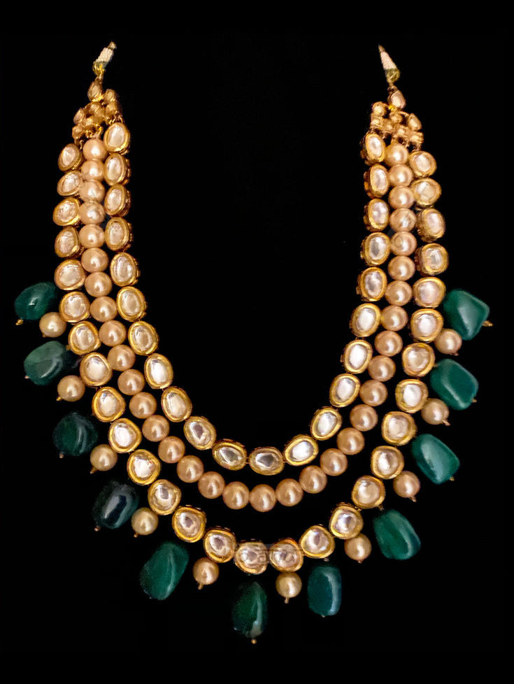 Trinity Multi-layered Necklace With Emeralds & Kundan - bAnuDesigns Kundan Jewellery Necklaces, Statment Necklace, Kundan Jewellery Set, Choker Necklace Designs, Sabyasachi Jewellery, Multi Layer Necklace, Handmade Beaded Necklaces, Diamond Jewelry Designs, Jewelry Design Earrings