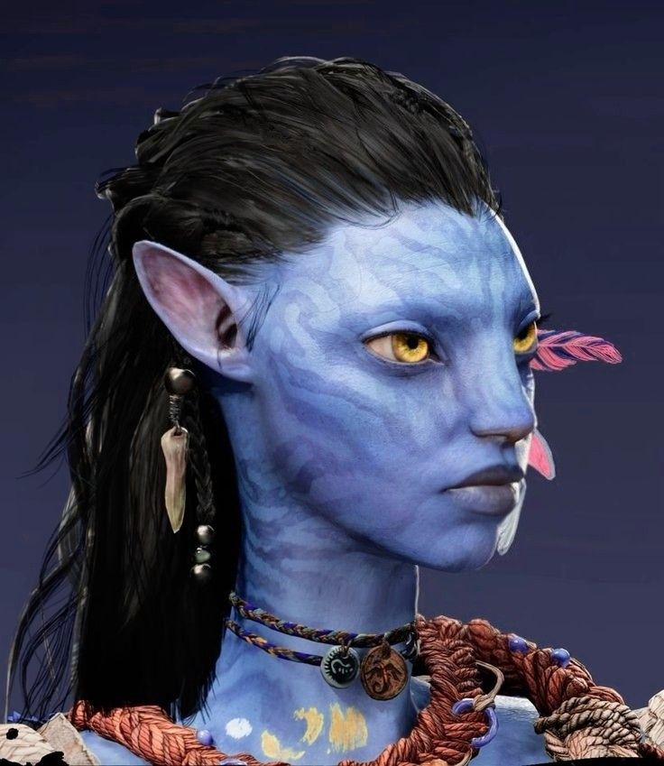 a woman with blue skin and long black hair