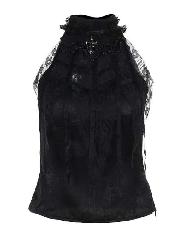 Ruffled lace, Cross pendant,  Spider web lace, Sleeveless, Material: Polyester spandex Color: Black Size: S, M, L Unit: CM Bust Waist Length S 85 70 47 M 89 74 49 L 95 80 51 * 1cm ≈ 0.3937 inchNote: There may be 2-3cm error due to manual measurement. If you need size help, please drop us a message. Contact us at info@c Elegant Black Top With Lace Bodice, Sleeveless Lace Bodice Top, Party Tops With Lace Collar And Stretch Fit, Evening Lace Cami Tank Top, Lace Tank Top With Lace Trim For Evening, Fitted Lace Halter Neck Top, Fitted Lace Bodice Sleeveless Tank Top, Party Lace Tank Top With Patchwork, Fitted Sleeveless Tank Top With Lace Bodice