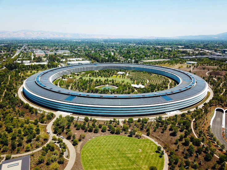 an aerial view of the apple campus in cupert, california - usa stock photo