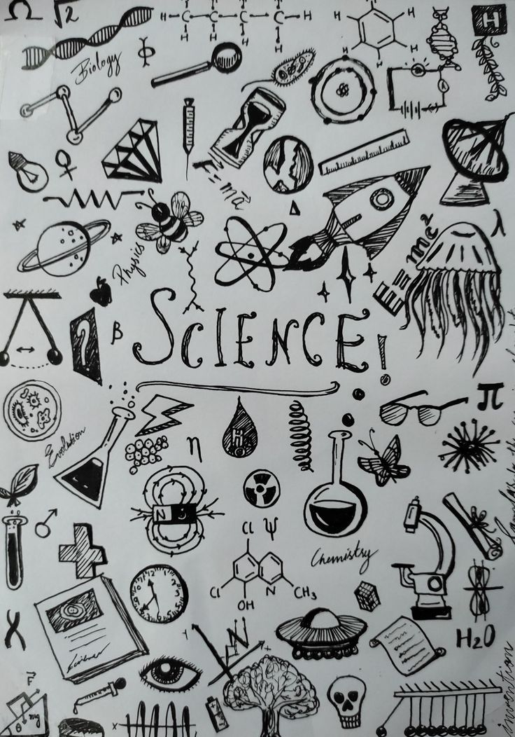 an image of science doodles on white paper with black and white images in the background