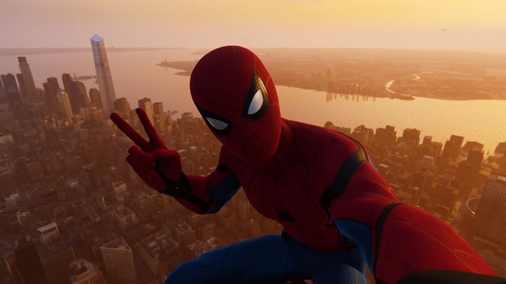 the spider - man is flying high in the sky above the city and making peace signs