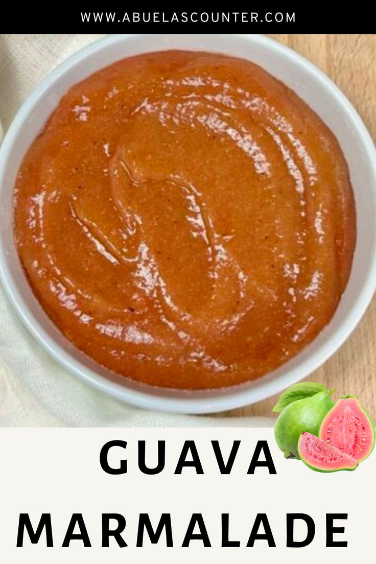 guava marmalade in a white bowl on a wooden table with watermelon slices