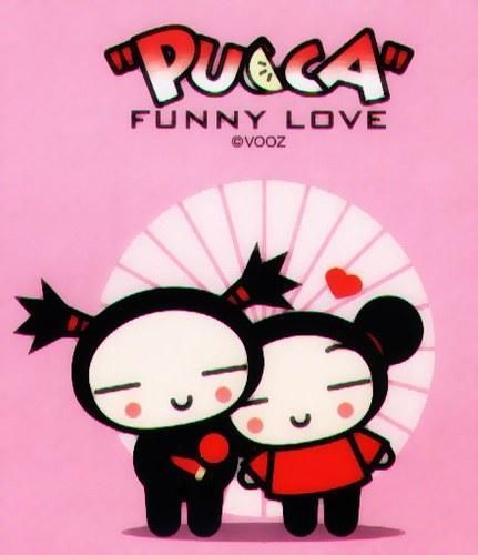 an advertisement for puca and funny love, featuring two cartoon characters hugging each other