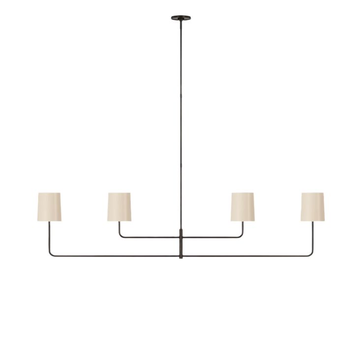 a black chandelier with four lamps hanging from it's sides and three shades on each side