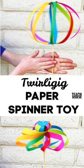 two hands holding a rainbow colored pinwheel with text overlay that reads, twinling paper spinner toy