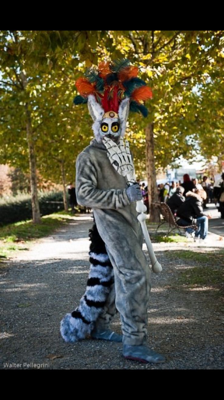 a person in a costume standing on a path with trees and people behind him, all dressed up