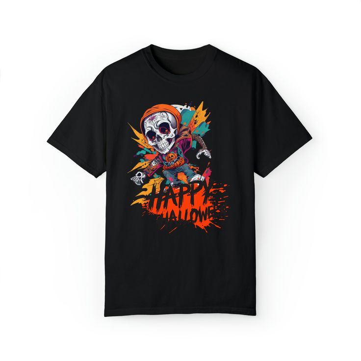 Get ready to haunt in style on Halloween with our unique t-shirt! Our exclusive design will make you the life of the Halloween party, you will be the center of attention and the most popular with this design that does not go unnoticed! But that's not all, our t-shirt is simply spectacular! It is printed on a high-quality unisex t-shirt, made from heavyweight cotton that ensures comfort and durability. It cannot be missing from your wardrobe, as it is always in fashion and in tune with the casual Graffiti Print T-shirt For Halloween Streetwear, Black Crew Neck Sublimation Design For Halloween, Halloween Black Crew Neck Sublimation Design, Spooky Black T-shirt With Skull Print, Halloween Short Sleeve T-shirt For Streetwear, Spooky Skull Print T-shirt For Streetwear, Short Sleeve T-shirt For Halloween Streetwear, Halloween Rave Tops With Graphic Print, Grunge Skull Print T-shirt For Halloween