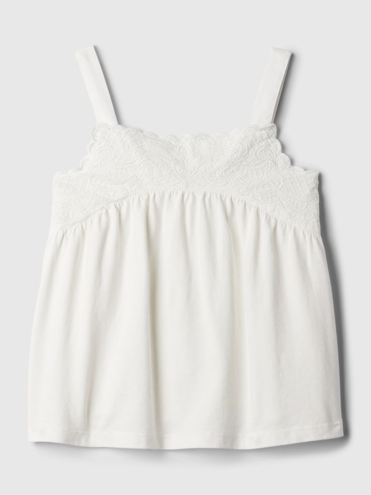 Soft cotton tank top.  Square neck.  Tank straps.  Lace detailing at chest.  Straight, easy fit.  Hits at the hip.  Sizes range from baby to toddler. Cute White Tops Summer, White Tank Top Outfit Summer, Unrealistic Wishlist, Lace Tank Tops, Thrift Wishlist, Tank Top Outfit, Coquette Summer, School Fit, Tank Top Outfits