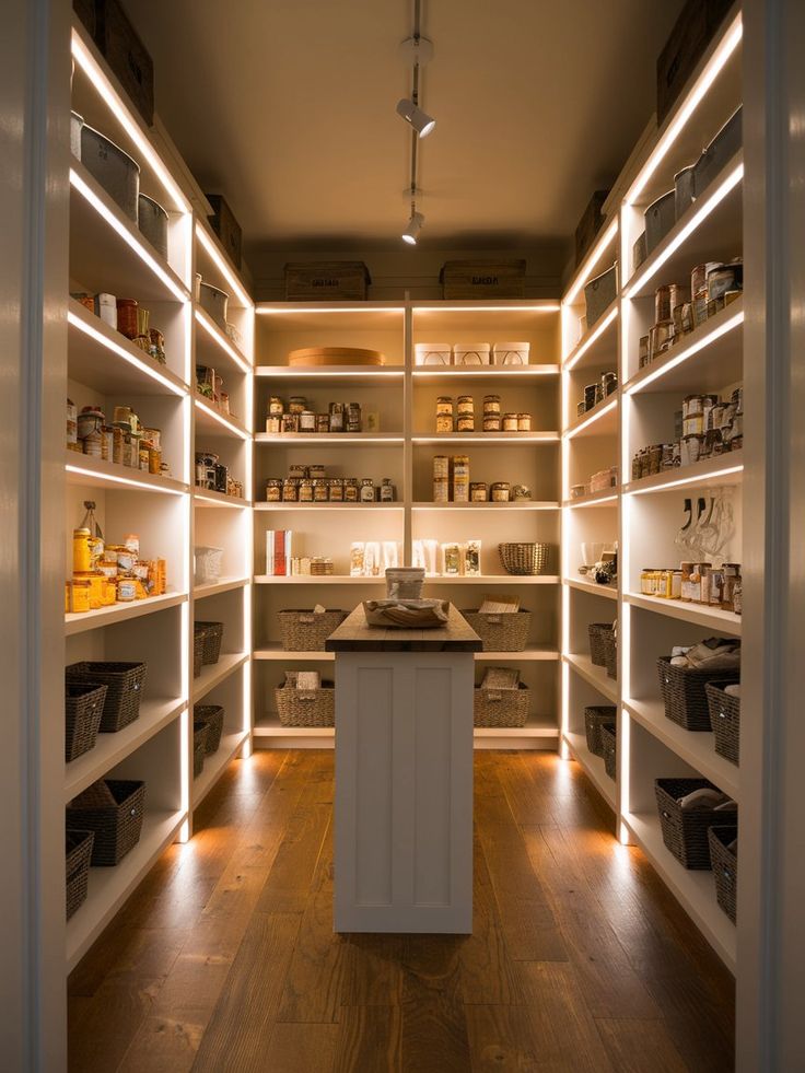 an empty pantry with lots of shelves and lights on the walls, along with various items