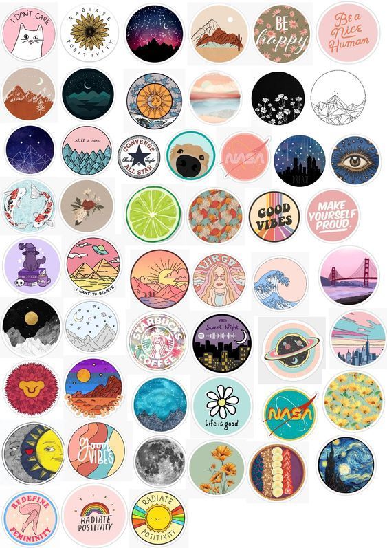 a large collection of stickers with different designs on them, all in various shapes and sizes