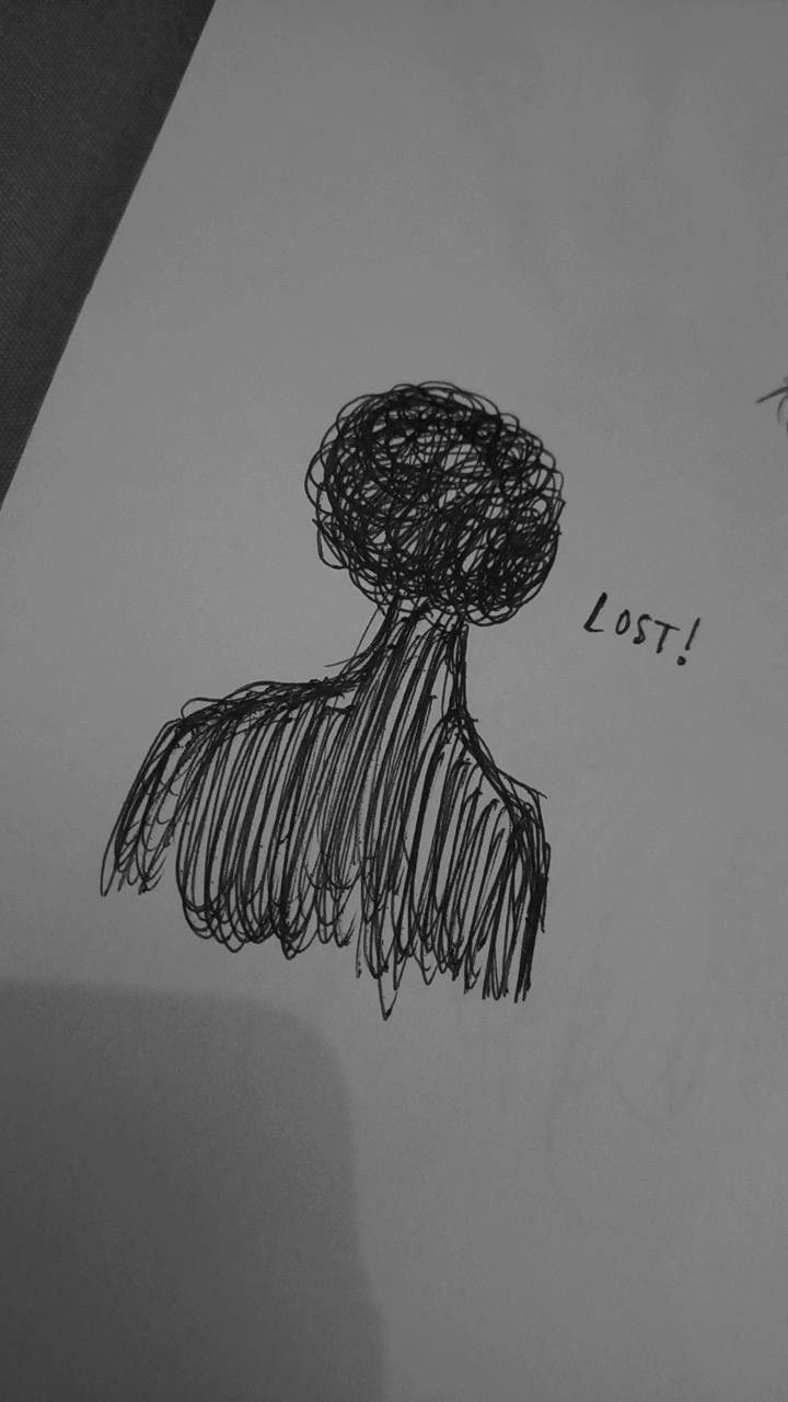 a black and white drawing of a person's head with the words lost on it