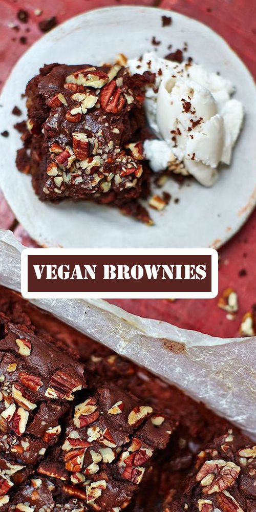 vegan brownies on a plate with ice cream and nuts in the top photo