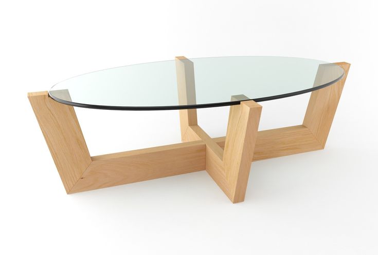 a glass and wood coffee table with an x design on the bottom, in front of a white background