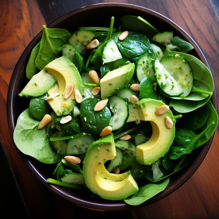 a bowl filled with spinach and avocado on top of a wooden table