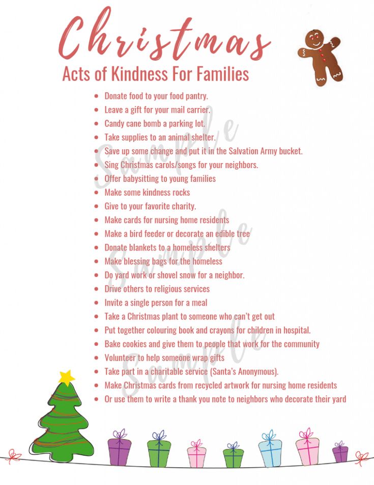 the christmas acts of kindness for families is shown in this printable poster with presents