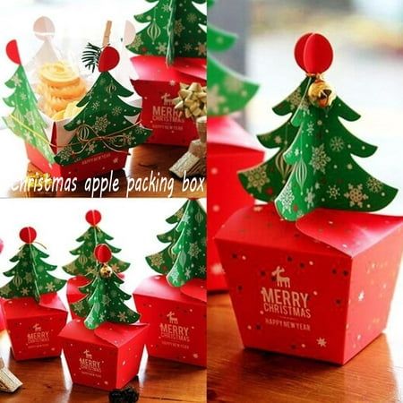 four different pictures of christmas trees in boxes on a table with cookies and pastries