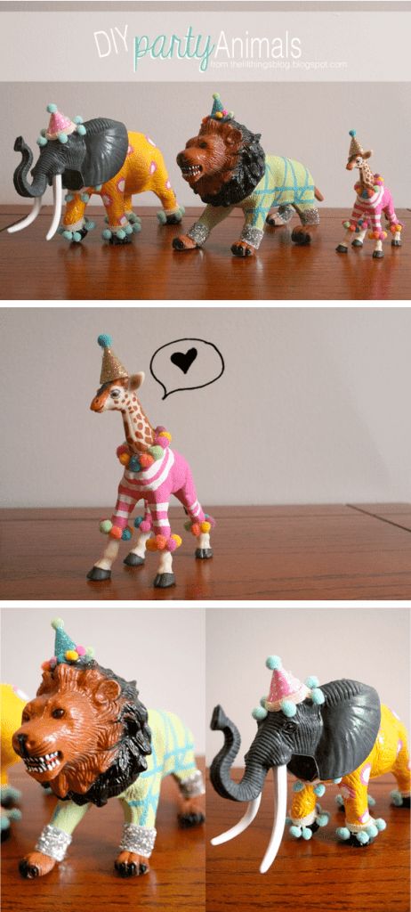 three different pictures of toy animals on top of a wooden table, one with a giraffe and the other wearing a party hat